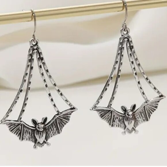 d'Vine Products Jewelry - Hanging Silver EP Bat Dangle Earrings Gothic Halloween, All Hallows Eve, Samhain